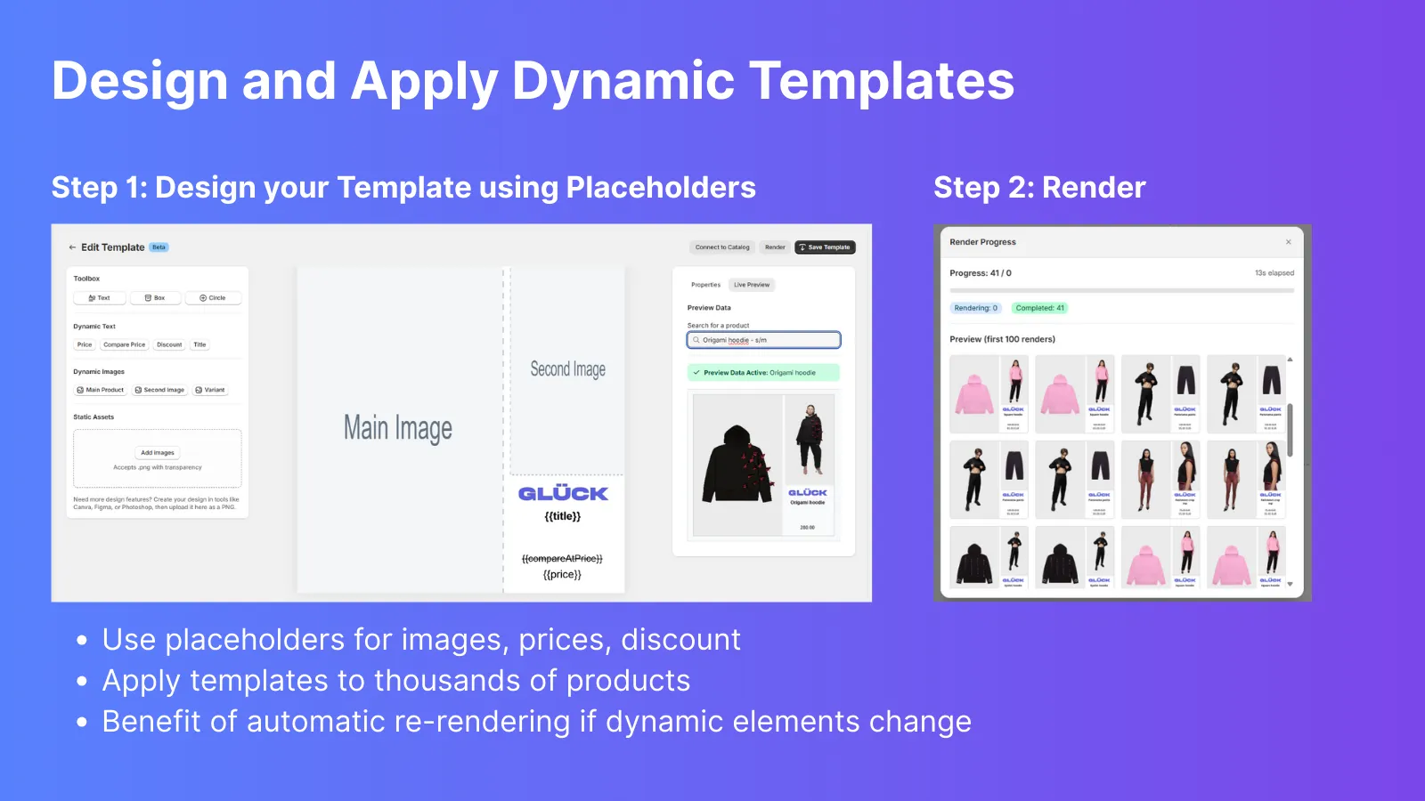CustomPix dynamic template editor showing price badges and discount overlays on a product image