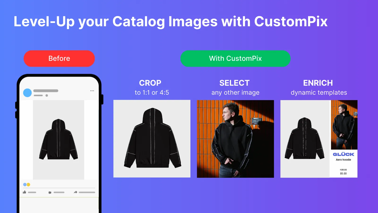 CustomPix app screen for selecting and designing Meta catalog images in Shopify