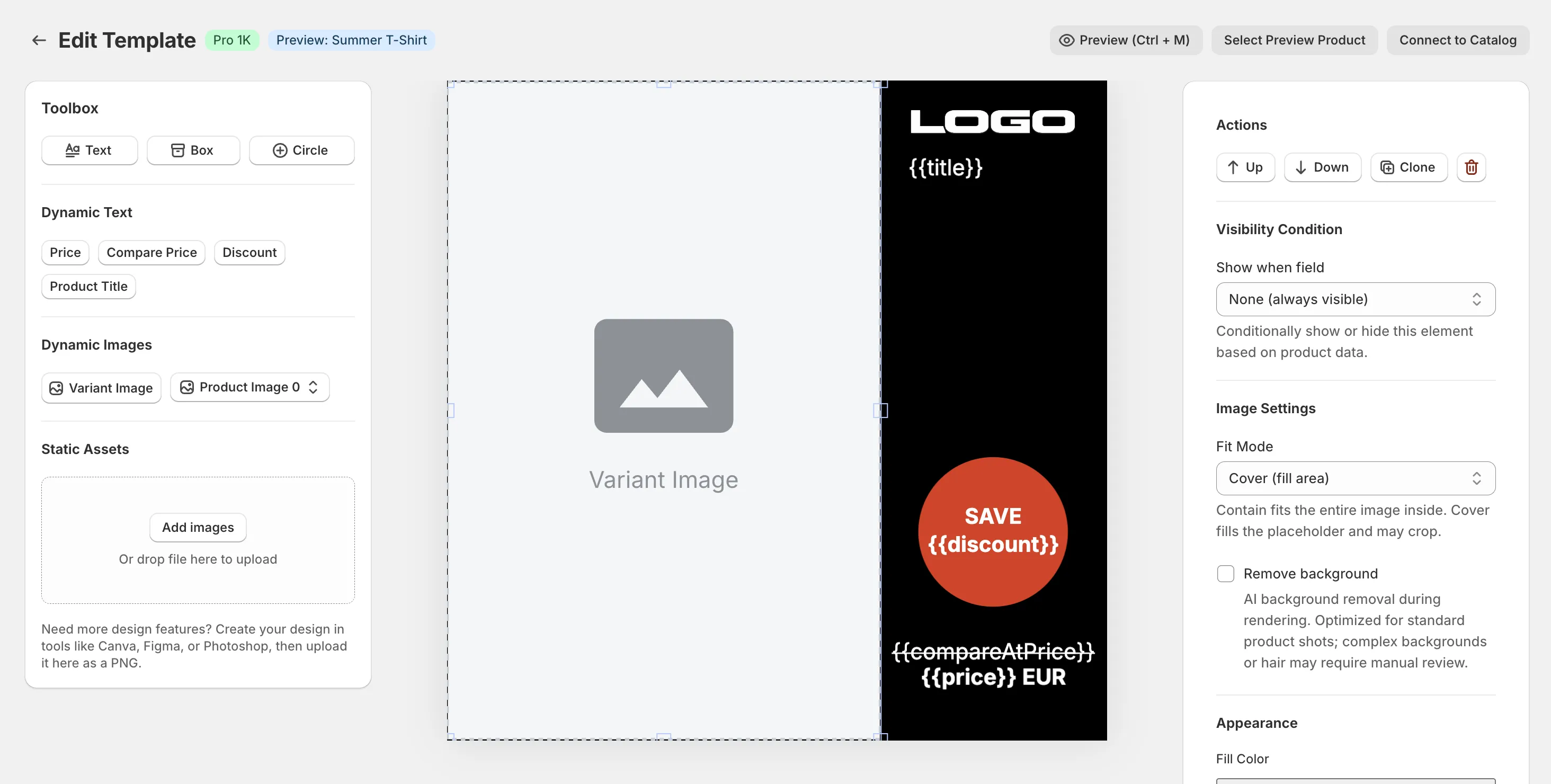 CustomPix drag-and-drop template editor with live price, discount badge, and background removal on a product image
