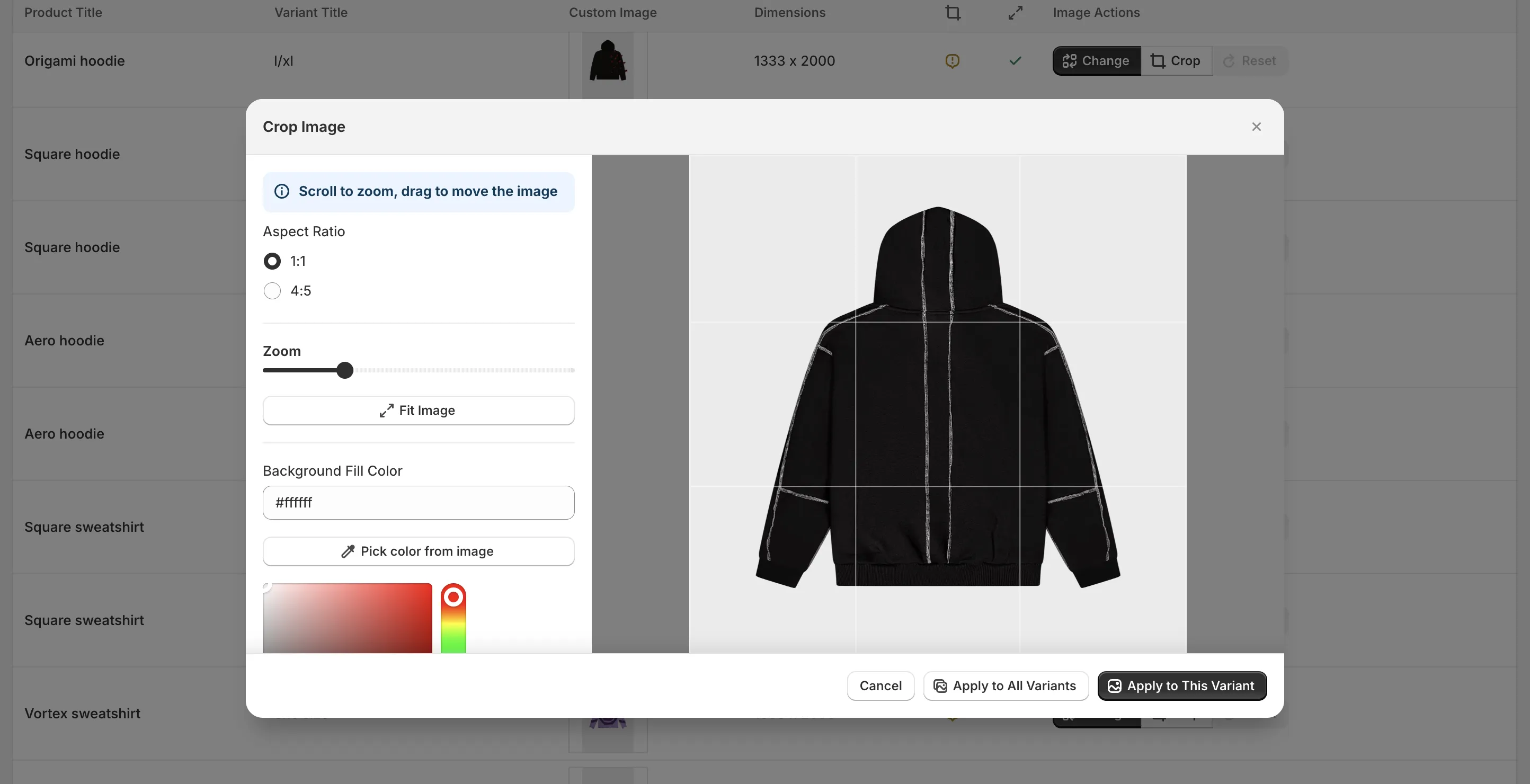 Cropping a product image to Meta's recommended aspect ratio for catalog ad placements in CustomPix
