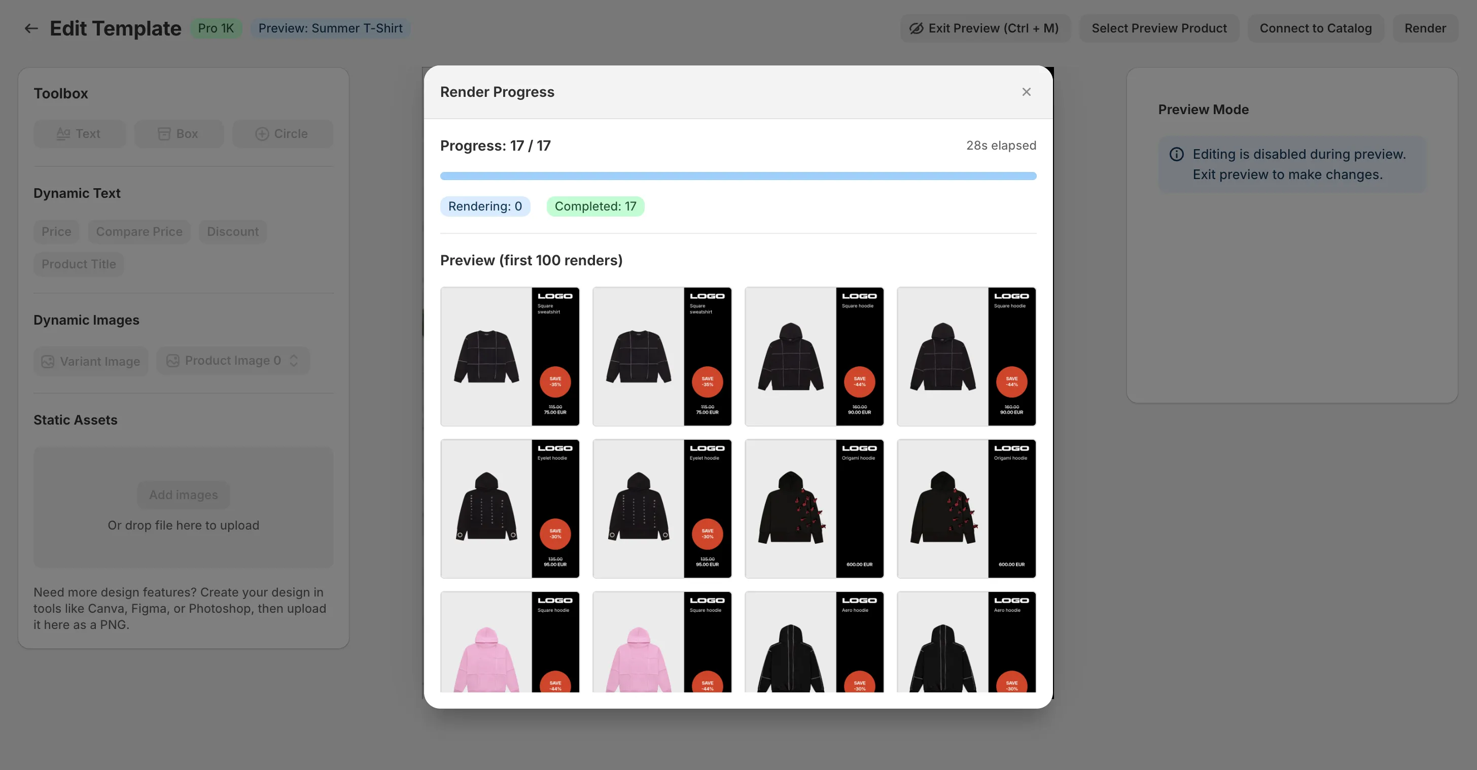 Dynamic design template applied across multiple catalog products with automatically updated prices