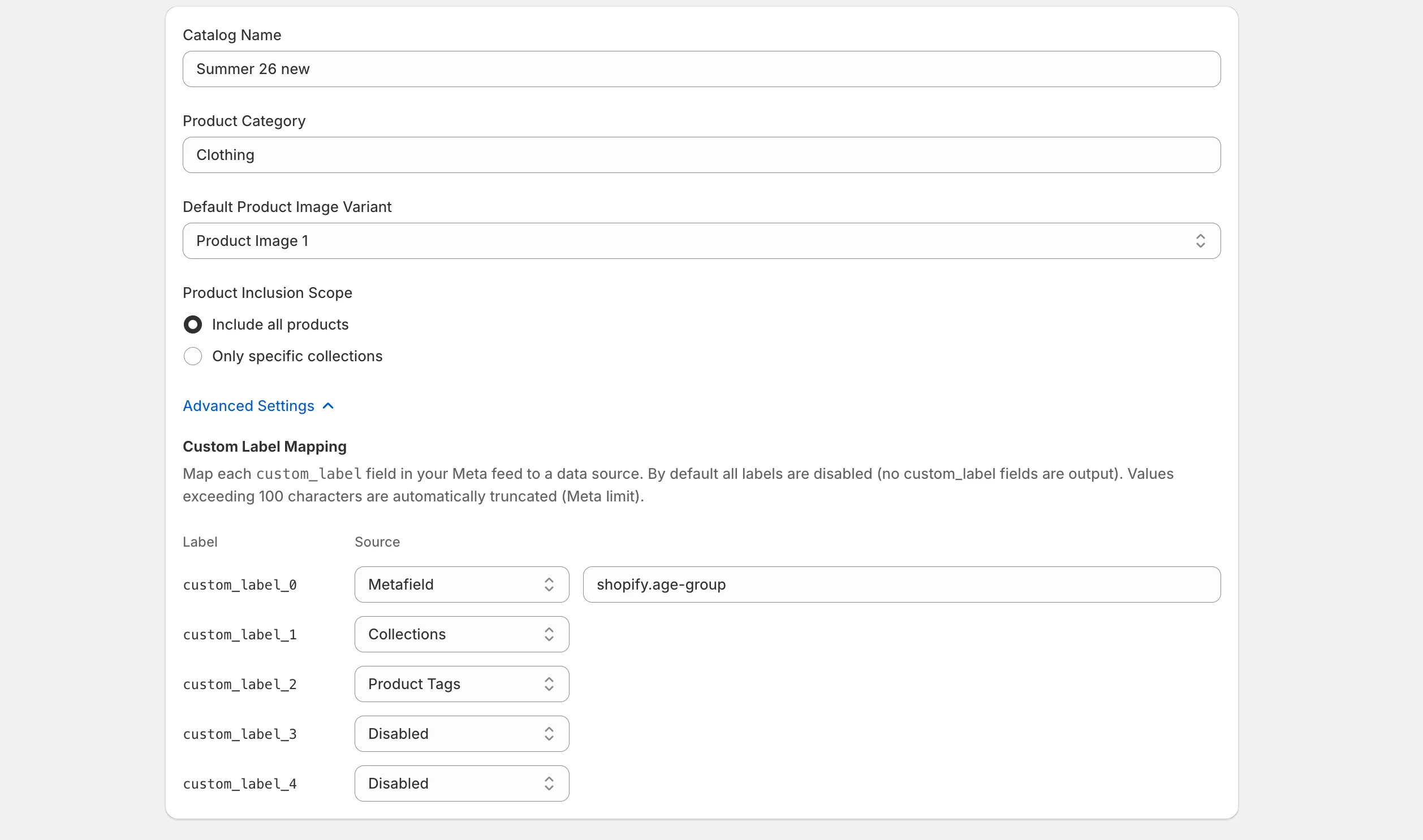 Mapping Shopify collections and metafields to Meta custom labels in the CustomPix feed settings