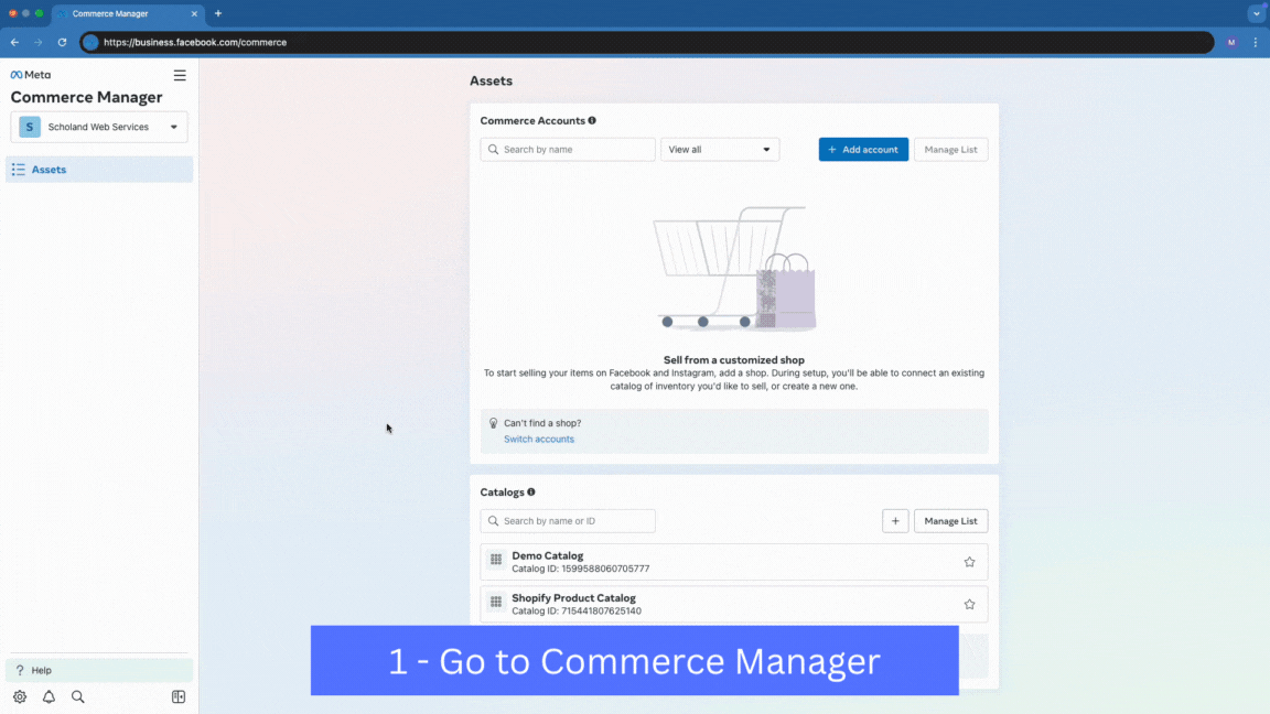 Animated guide showing how to delete a catalog in Meta Commerce Manager