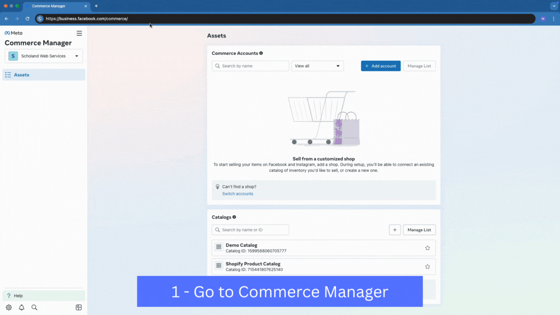 Animated guide showing how to delete a supplementary feed in Meta Commerce Manager