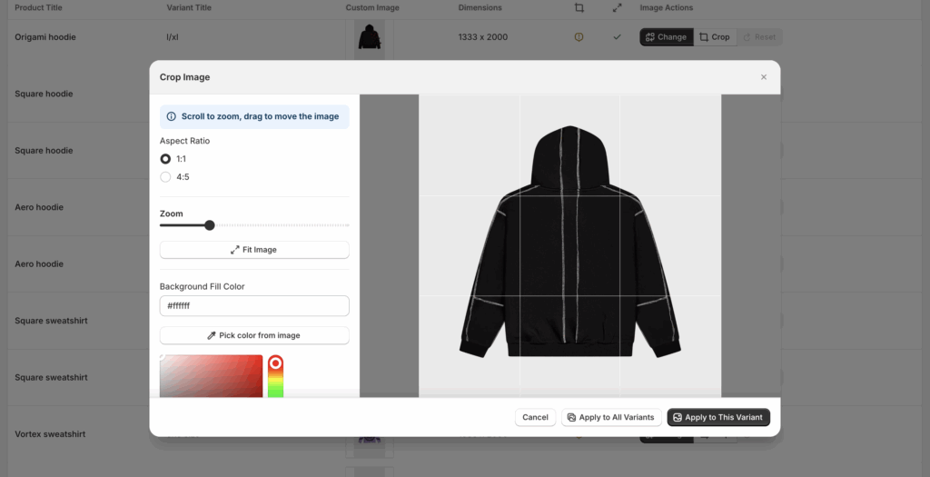 Cropping a product image to Meta's recommended aspect ratio for catalog ad placements in CustomPix