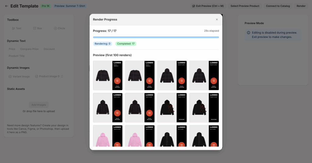 Dynamic design template applied across multiple catalog products with automatically updated prices